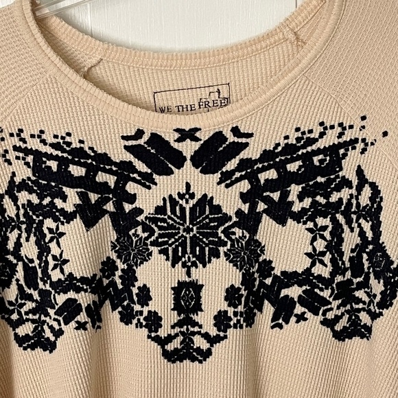 We The Free Free People Cream Waffle Shirt Navy Graphic Boho A Line Size S - Picture 3 of 11